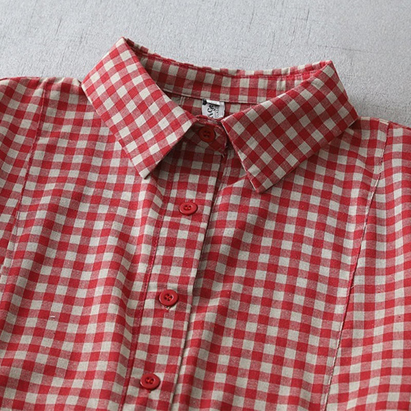 Buddha Stonesカジュアル ヴィンテージ チェック柄 ラペル 半袖 コットン ミディドレス ポケット付き - image 8