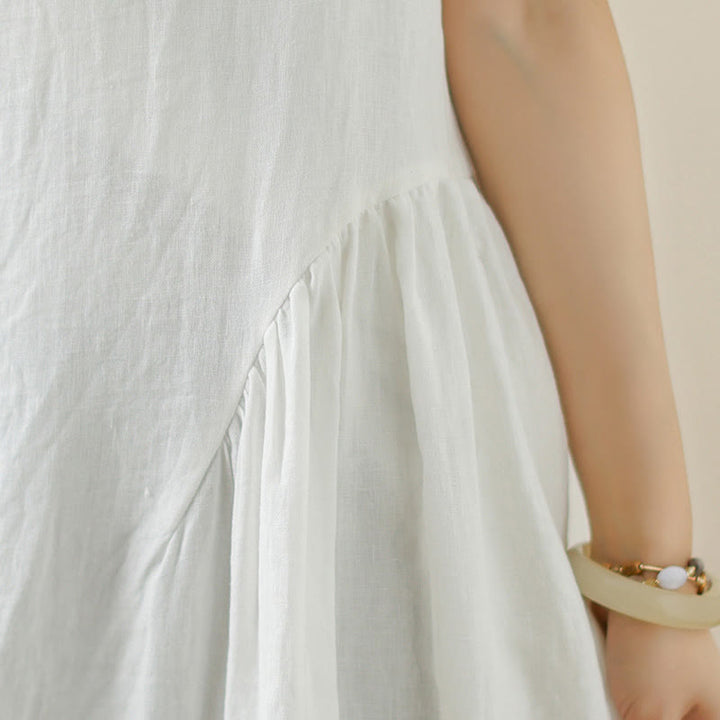 Buddha Stonesフローラルホワイトカジュアルバックボタンデザインノースリーブコットンミディドレスポケット付き - image 9