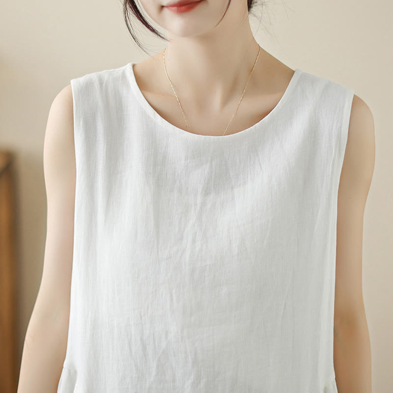 Buddha Stonesフローラルホワイトカジュアルバックボタンデザインノースリーブコットンミディドレスポケット付き - image 6