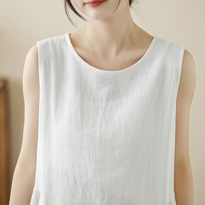 Buddha Stonesフローラルホワイトカジュアルバックボタンデザインノースリーブコットンミディドレスポケット付き - image 6