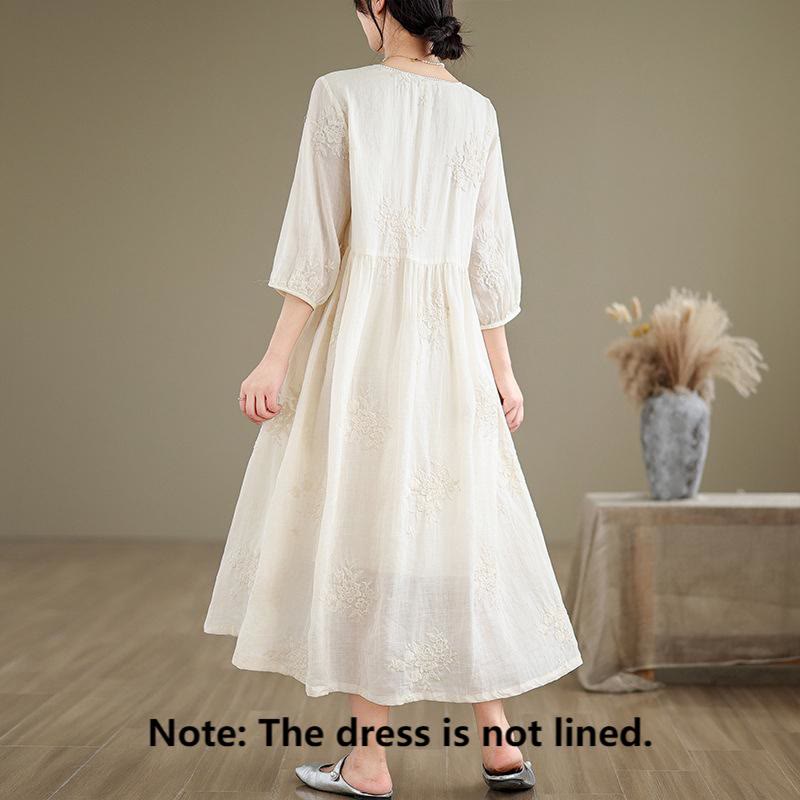 Buddha Stonesベージュ カジュアル 刺繍 七分袖 コットンリネン ミディドレス ポケット付き - image 1