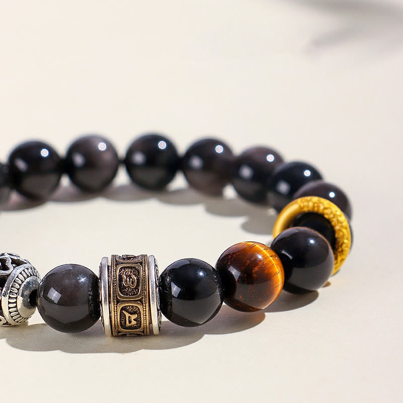 Buddha Stonesシルバーシーンオブシディアン タイガーオーム・マニ・パドメ・フム守護ブレスレット