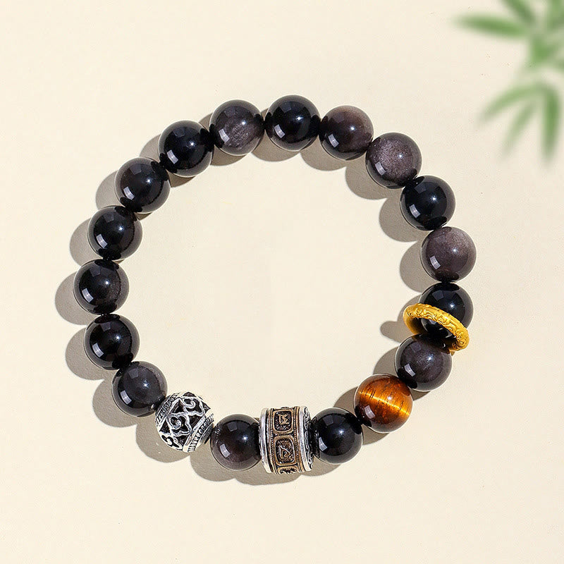 Buddha Stonesシルバーシーンオブシディアン タイガーオーム・マニ・パドメ・フム守護ブレスレット
