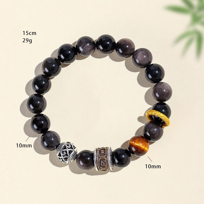 Buddha Stonesシルバーシーンオブシディアン タイガーオーム・マニ・パドメ・フム守護ブレスレット