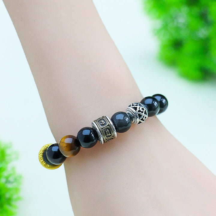 Buddha Stonesシルバーシーンオブシディアン タイガーオーム・マニ・パドメ・フム守護ブレスレット