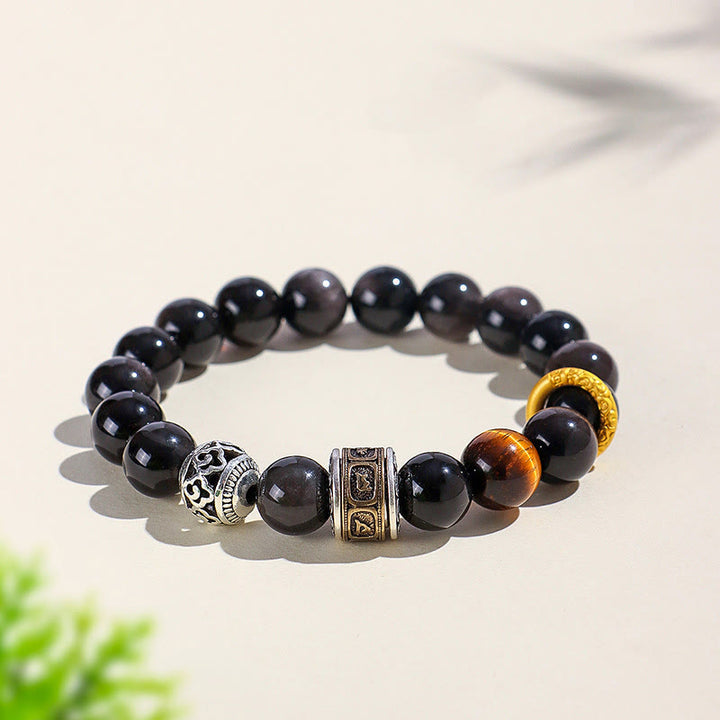 Buddha Stonesシルバーシーンオブシディアン タイガーオーム・マニ・パドメ・フム守護ブレスレット