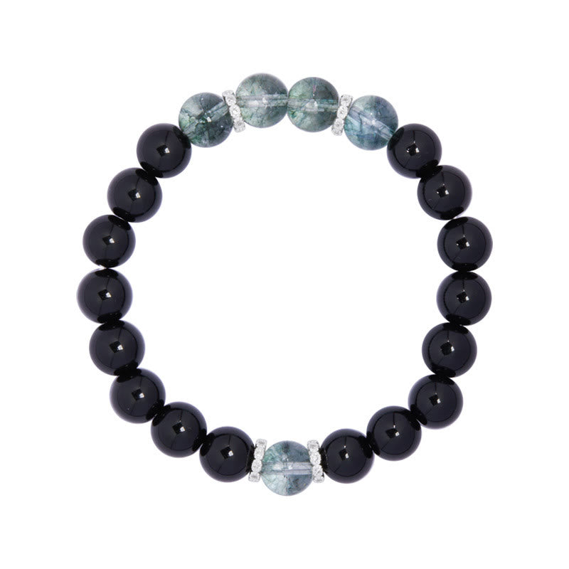 Buddha Stones925スターリングシルバー ブラックオブシディアン グリーンファントムストレングスブレスレット