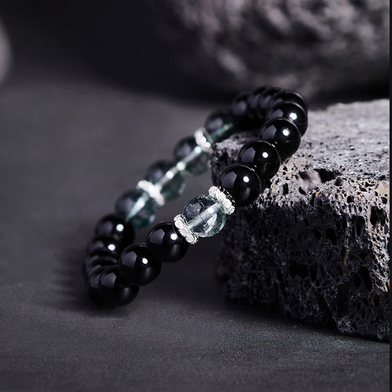 Buddha Stones925スターリングシルバー ブラックオブシディアン グリーンファントムストレングスブレスレット
