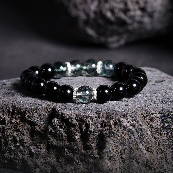Buddha Stones925スターリングシルバー ブラックオブシディアン グリーンファントムストレングスブレスレット