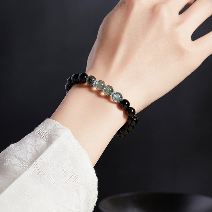 Buddha Stones925スターリングシルバー ブラックオブシディアン グリーンファントムストレングスブレスレット