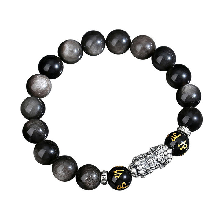 Buddha Stones 999スターリングシルバー 貔貅 天然黒曜石 パワーブレスレット