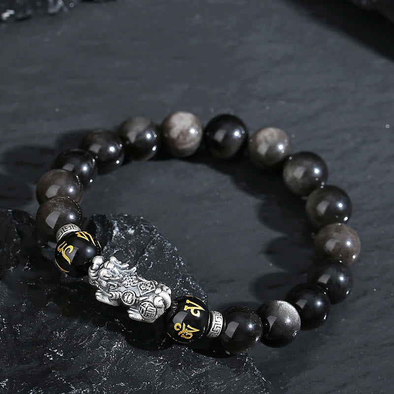 Buddha Stones 999スターリングシルバー 貔貅 天然黒曜石 パワーブレスレット