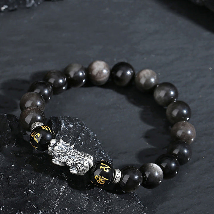 Buddha Stones 999スターリングシルバー 貔貅 天然黒曜石 パワーブレスレット