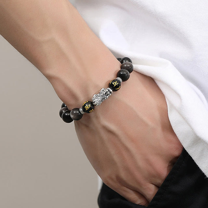 Buddha Stones 999スターリングシルバー 貔貅 天然黒曜石 パワーブレスレット