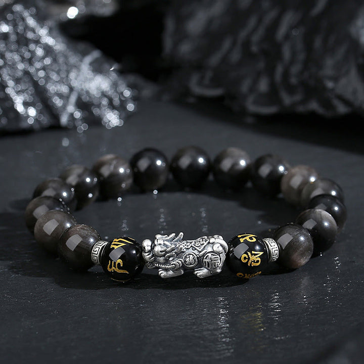 Buddha Stones 999スターリングシルバー 貔貅 天然黒曜石 パワーブレスレット