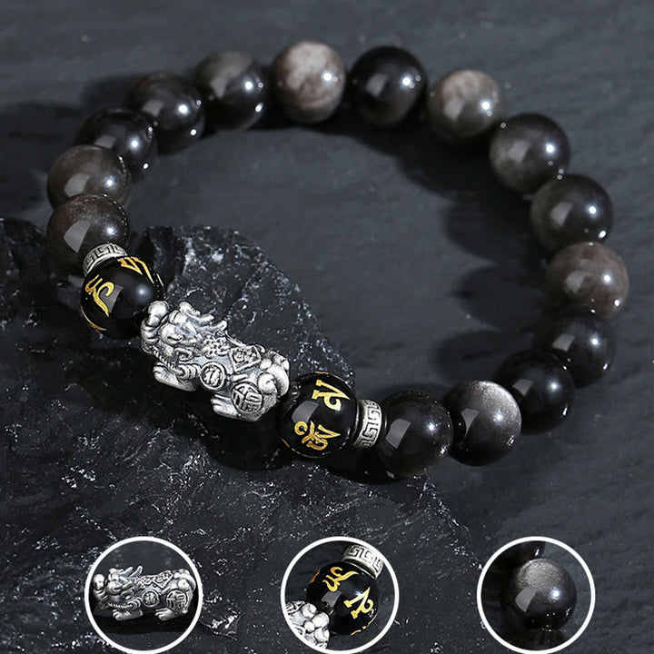 Buddha Stones 999スターリングシルバー 貔貅 天然黒曜石 パワーブレスレット