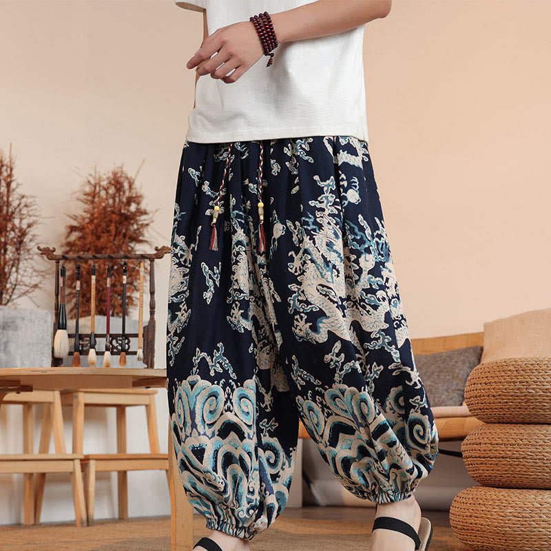 Buddha Stonesドラゴンプリント コットン メンズ ハーレム アンクル丈 パンツ ポケット付き - 海軍 - US/UK/AU46、 EU56 (5XL) - image 0