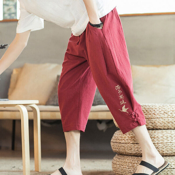 Buddha Stones鶴 刺繍 コットン メンズ クロップド ハーレムパンツ ポケット付き - 赤 - US/UK/AU46、 EU56 (5XL) - image 32