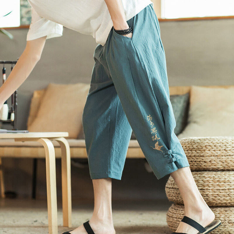 Buddha Stones鶴 刺繍 コットン メンズ クロップド ハーレムパンツ ポケット付き - キャデットブルー - US/UK/AU46、 EU56 (5XL) - image 0