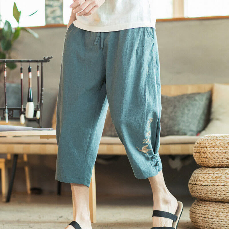 Buddha Stones鶴 刺繍 コットン メンズ クロップド ハーレムパンツ ポケット付き - image 1