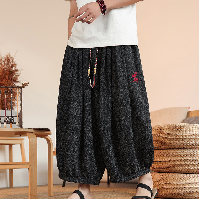 Buddha Stones夏 キャラクター 刺繍 ドローストリング メンズ クロップド アンクル丈 ハーレムパンツ ポケット付き