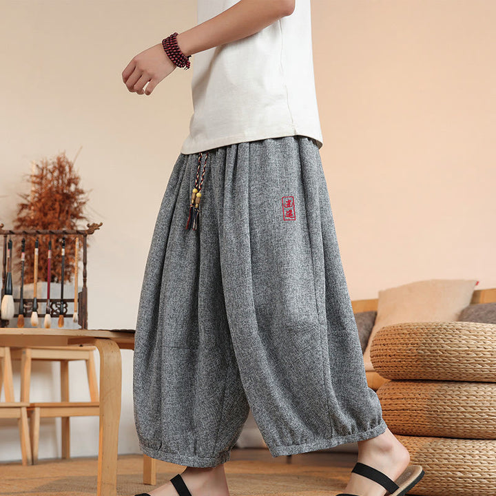 Buddha Stones夏 キャラクター 刺繍 ドローストリング メンズ クロップド アンクル丈 ハーレムパンツ ポケット付き