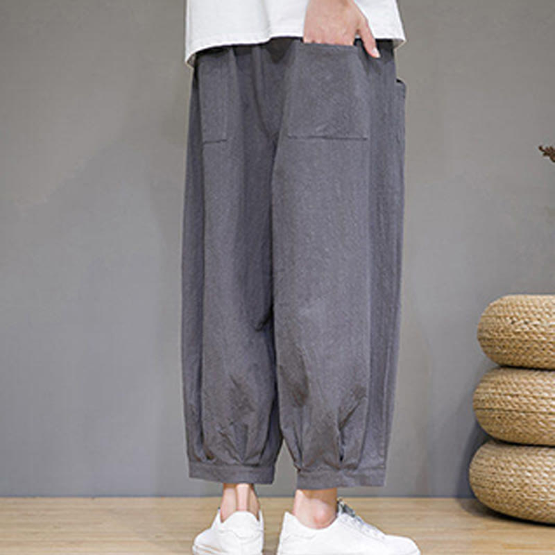 Buddha Stonesシンプルコットン メンズ クロップド カプリ ハーレムパンツ ポケット付き - image 3