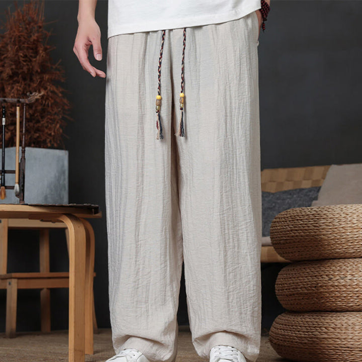 Buddha Stonesカジュアル無地ドローストリングデザインメンズパンツポケット付き - リネン - US/UK/AU46、 EU56 (5XL) - image 11