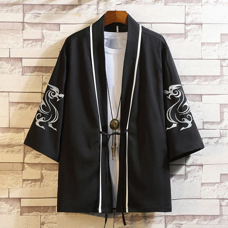 Buddha Stones刺繍龍鳳凰吉祥雲波葉​​鶴前開きジャケットメンズ着物 - ホワイトドラゴンブラック - US/UK/AU46、 EU56 (5XL) - image 6