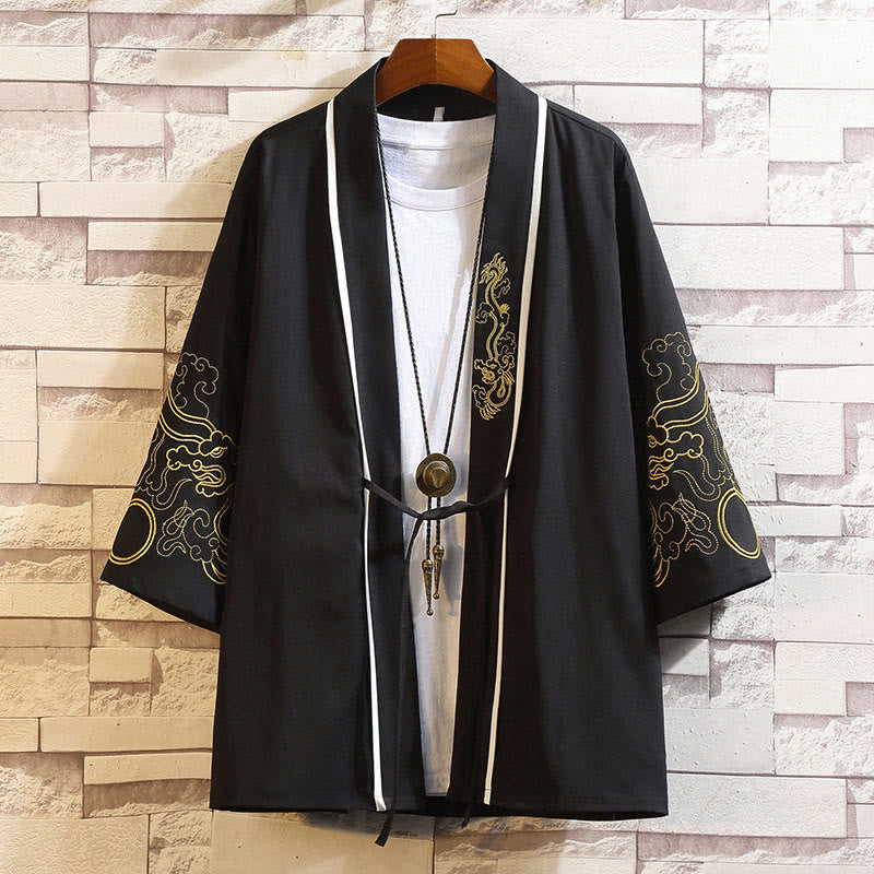 Buddha Stones刺繍龍鳳凰吉祥雲波葉​​鶴前開きジャケットメンズ着物 - 金龍吉兆雲-黒 - US/UK/AU46、 EU56 (5XL) - image 10