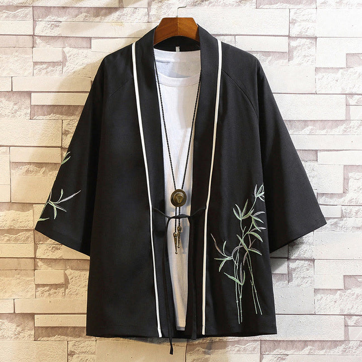 Buddha Stones刺繍龍鳳凰吉祥雲波葉​​鶴前開きジャケットメンズ着物 - 葉-黒 - US/UK/AU46、 EU56 (5XL) - image 14
