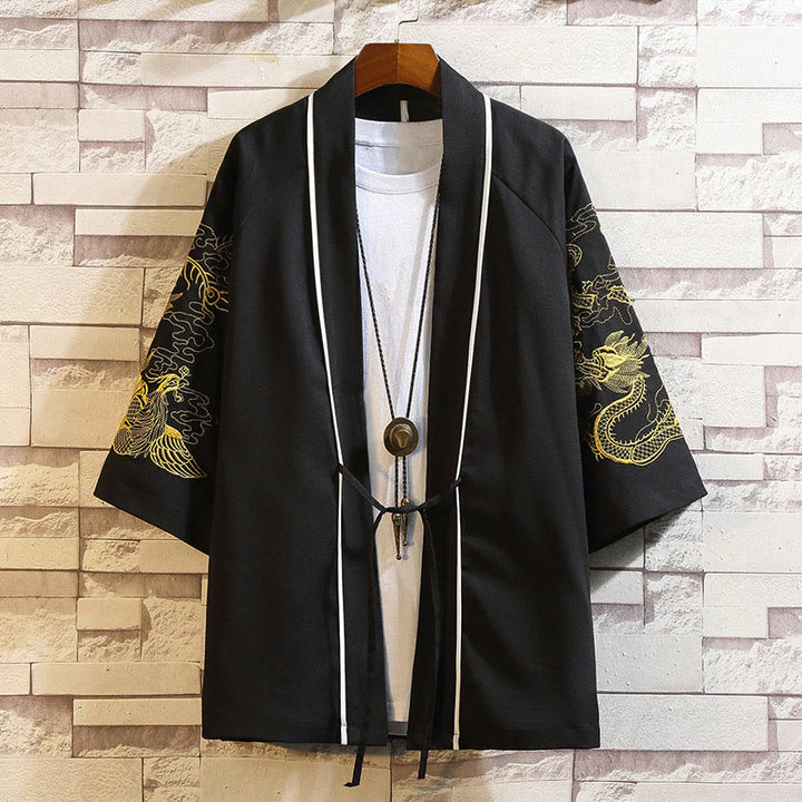 Buddha Stones刺繍龍鳳凰吉祥雲波葉​​鶴前開きジャケットメンズ着物 - ゴールデンドラゴンフェニックスブラック - US/UK/AU46、 EU56 (5XL) - image 18