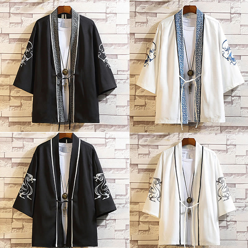 Buddha Stones刺繍龍鳳凰吉祥雲波葉​​鶴前開きジャケットメンズ着物 - image 45