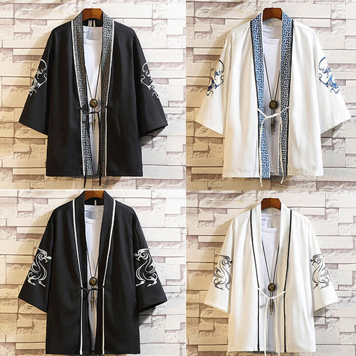 Buddha Stones刺繍龍鳳凰吉祥雲波葉​​鶴前開きジャケットメンズ着物 - image 45