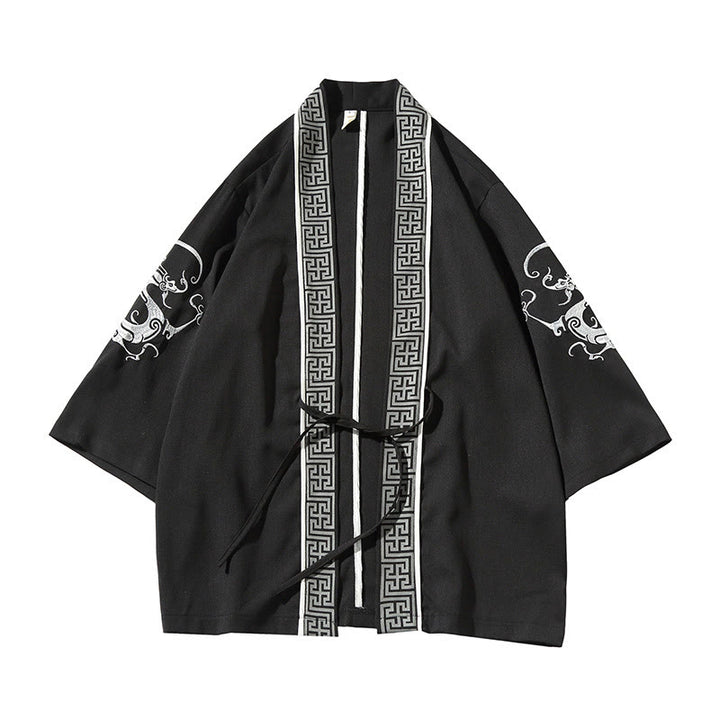 Buddha Stones刺繍龍鳳凰吉祥雲波葉​​鶴前開きジャケットメンズ着物 - image 2