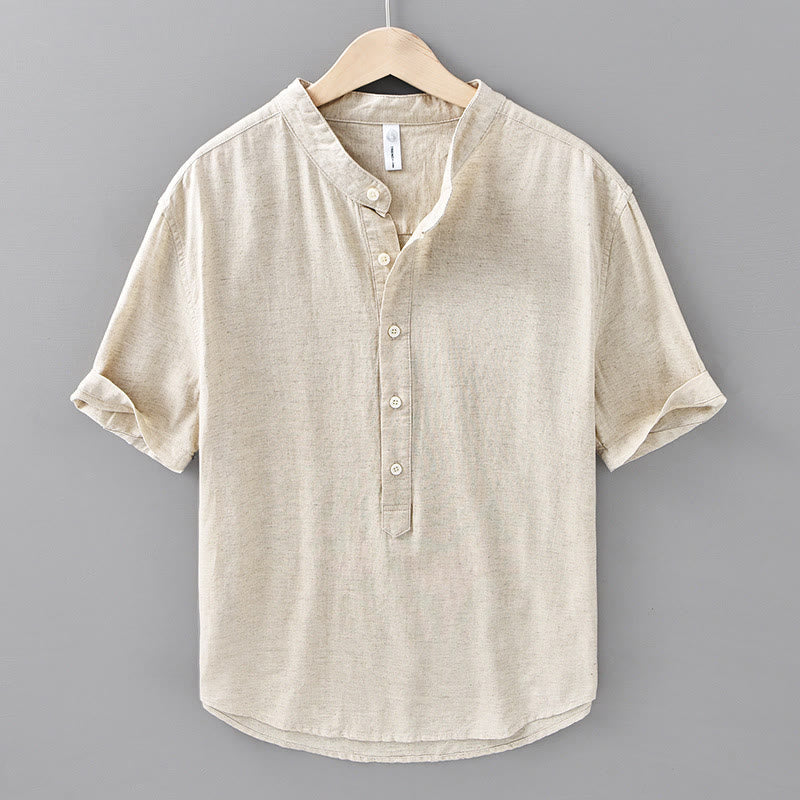 Buddha Stones夏用 無地 メンズ ハーフボタン 半袖 コットンリネンシャツ - リネン - US/UK/AU42、 EU52 (3XL) - image 0