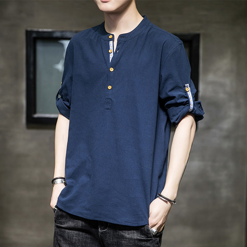 Buddha Stonesサマーソリッド メンズ ハーフボタン 半袖 リネンシャツ - スティールブルー - US/UK/AU46、 EU56 (5XL) - image 17