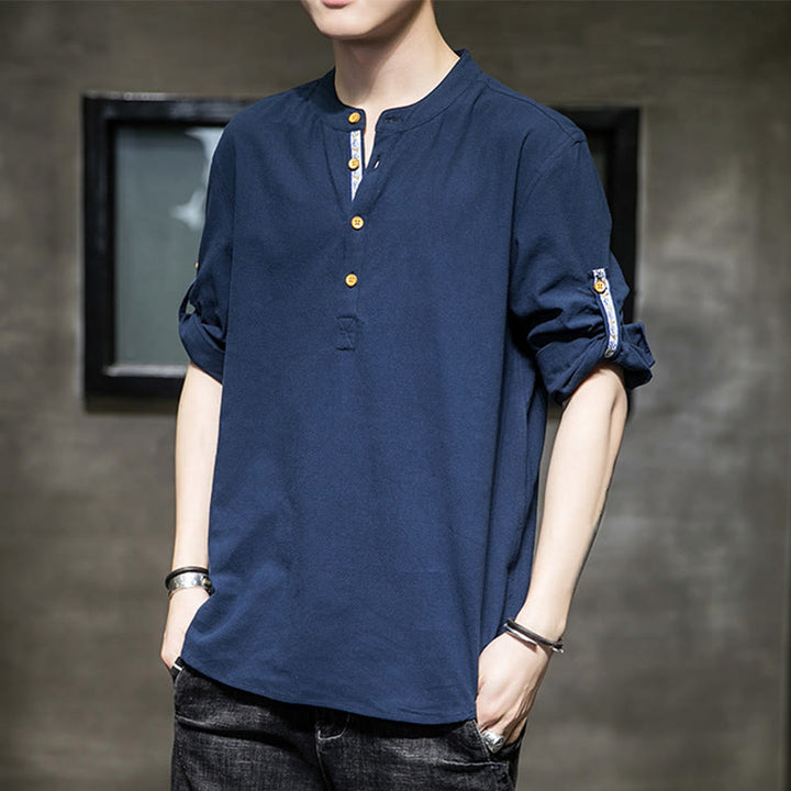 Buddha Stonesサマーソリッド メンズ ハーフボタン 半袖 リネンシャツ - スティールブルー - US/UK/AU46、 EU56 (5XL) - image 17