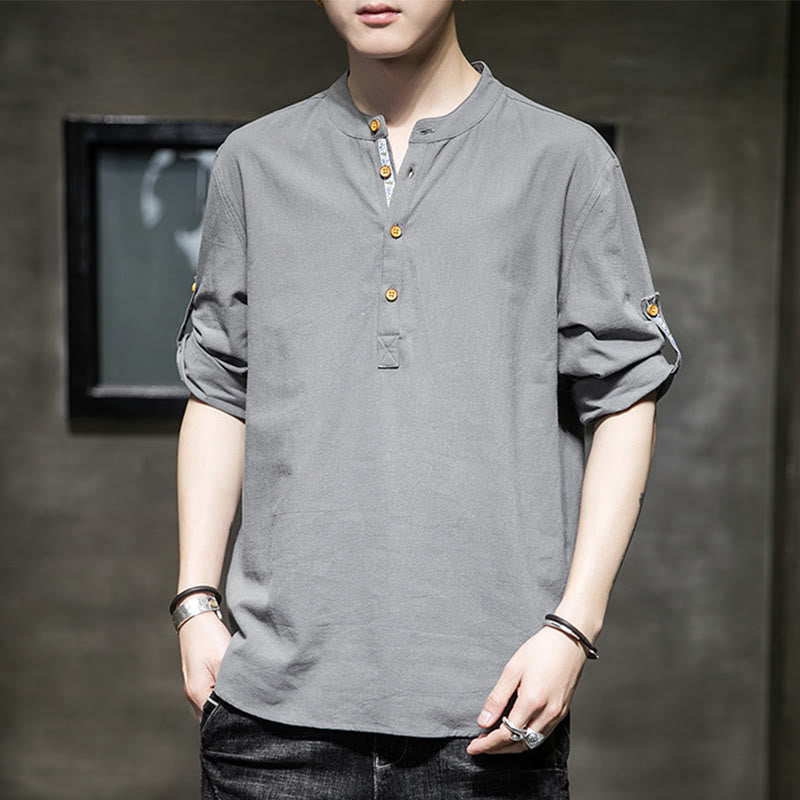 Buddha Stonesサマーソリッド メンズ ハーフボタン 半袖 リネンシャツ - ダークグレー - US/UK/AU46、 EU56 (5XL) - image 0
