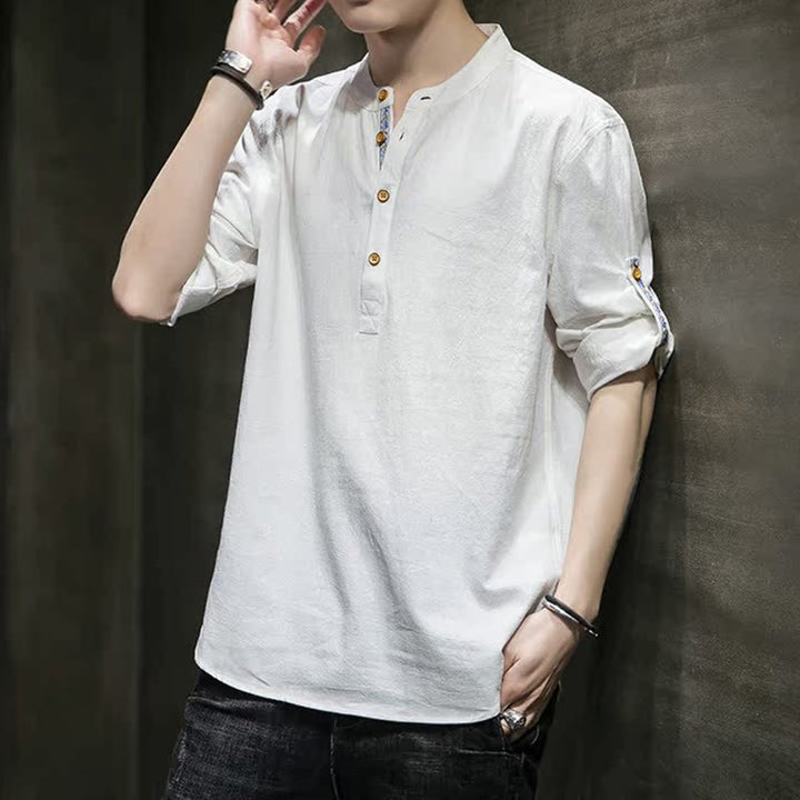 Buddha Stonesサマーソリッド メンズ ハーフボタン 半袖 リネンシャツ - 白 - US/UK/AU46、 EU56 (5XL) - image 25