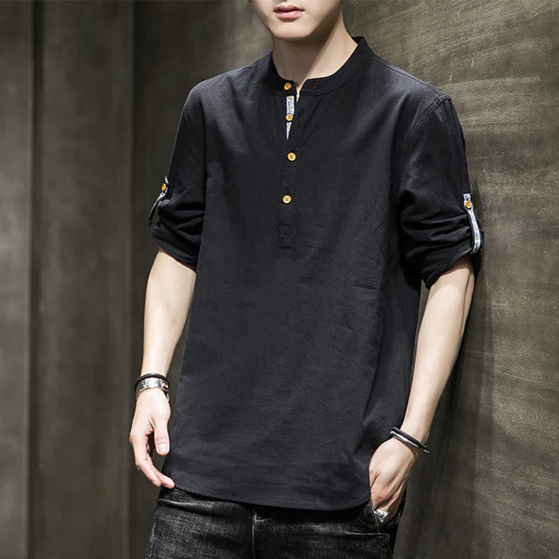 Buddha Stonesサマーソリッド メンズ ハーフボタン 半袖 リネンシャツ - 黒 - US/UK/AU46、 EU56 (5XL) - image 8