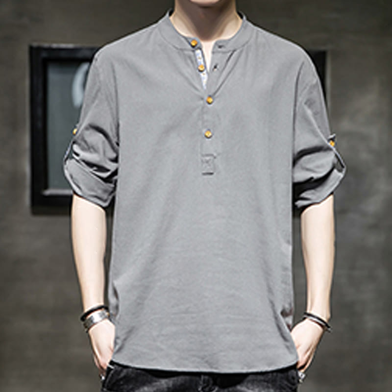 Buddha Stonesサマーソリッド メンズ ハーフボタン 半袖 リネンシャツ - image 5