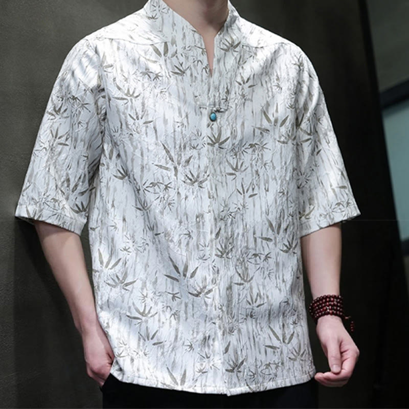 Buddha Stonesサマー ゴールデンバンブー ジャカード メンズ ハーフスリーブ リネンシャツ - image 9