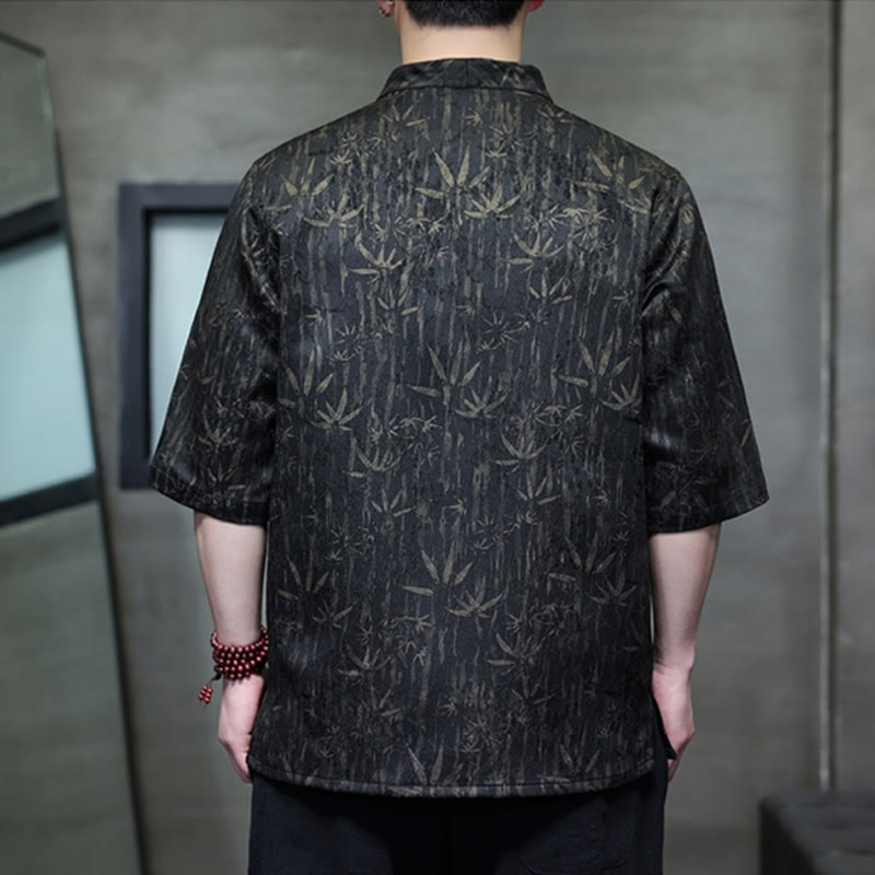 Buddha Stonesサマー ゴールデンバンブー ジャカード メンズ ハーフスリーブ リネンシャツ - image 1