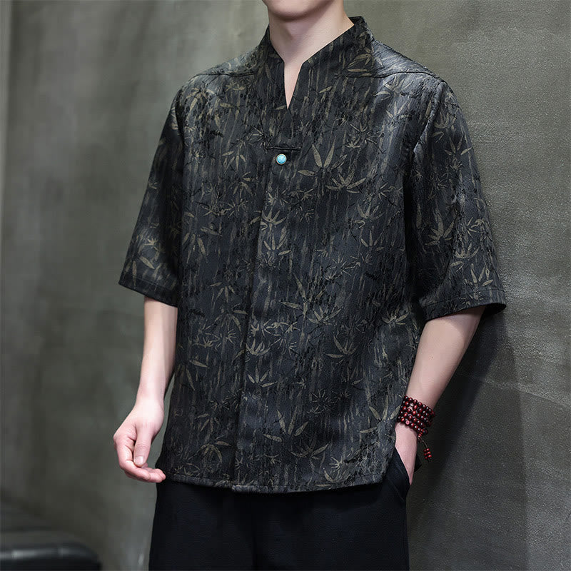 Buddha Stonesサマー ゴールデンバンブー ジャカード メンズ ハーフスリーブ リネンシャツ - 黒 - US/UK/AU46、 EU56 (5XL) - image 0
