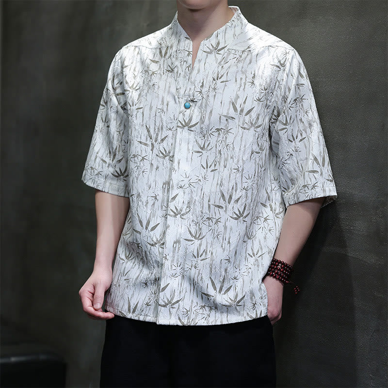 Buddha Stonesサマー ゴールデンバンブー ジャカード メンズ ハーフスリーブ リネンシャツ - 白 - US/UK/AU46、 EU56 (5XL) - image 8