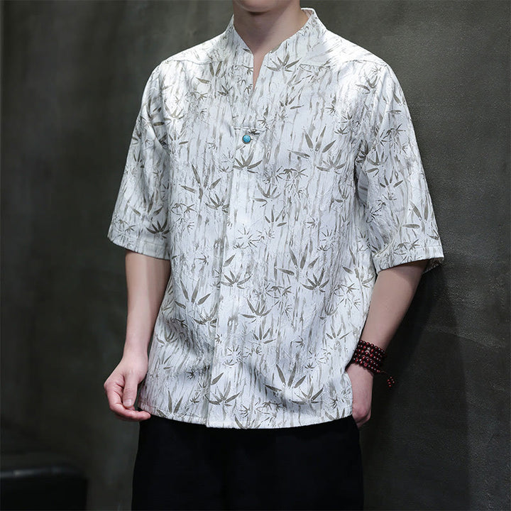 Buddha Stonesサマー ゴールデンバンブー ジャカード メンズ ハーフスリーブ リネンシャツ - 白 - US/UK/AU46、 EU56 (5XL) - image 8