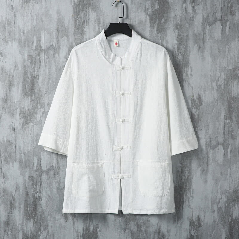 Buddha Stones無地 唐装 カエルボタンデザイン メンズ 半袖 リネンシャツ ポケット付き - 白 - US/UK/AU46、 EU56 (5XL) - image 2