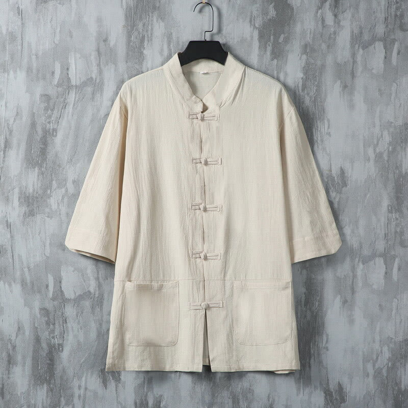 Buddha Stones無地 唐装 カエルボタンデザイン メンズ 半袖 リネンシャツ ポケット付き - リネン - US/UK/AU46、 EU56 (5XL) - image 0