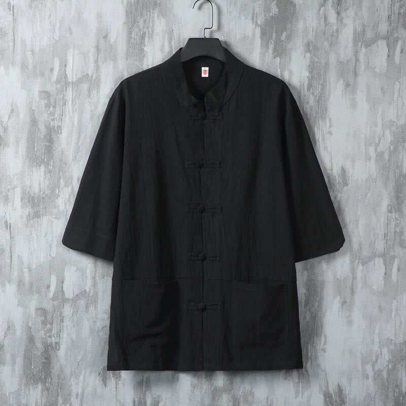 Buddha Stones無地 唐装 カエルボタンデザイン メンズ 半袖 リネンシャツ ポケット付き - 黒 - US/UK/AU46、 EU56 (5XL) - image 7